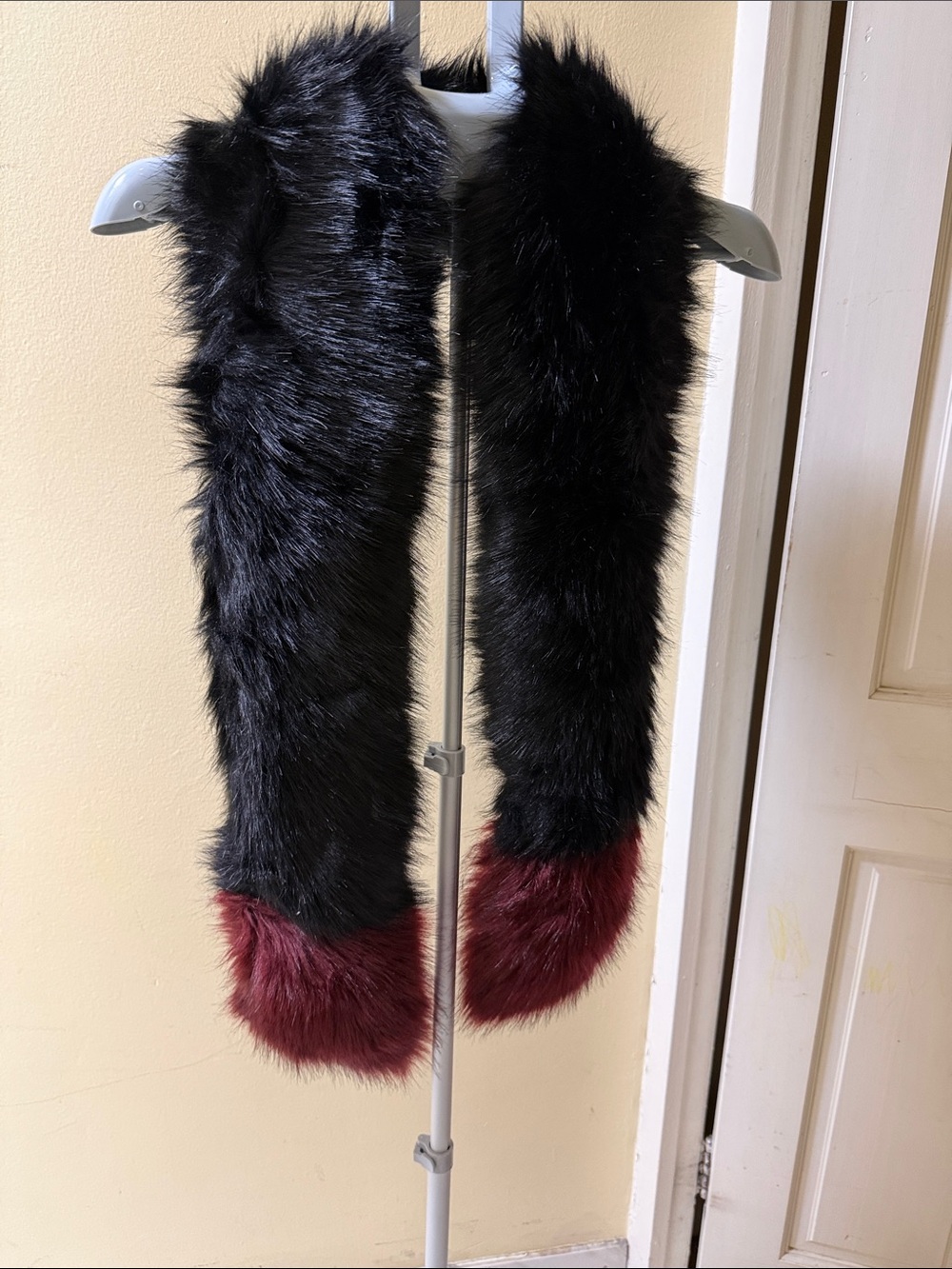 Adrienne Vittadini Black Faux Fur Scarf with Deep Burgundy Accents
